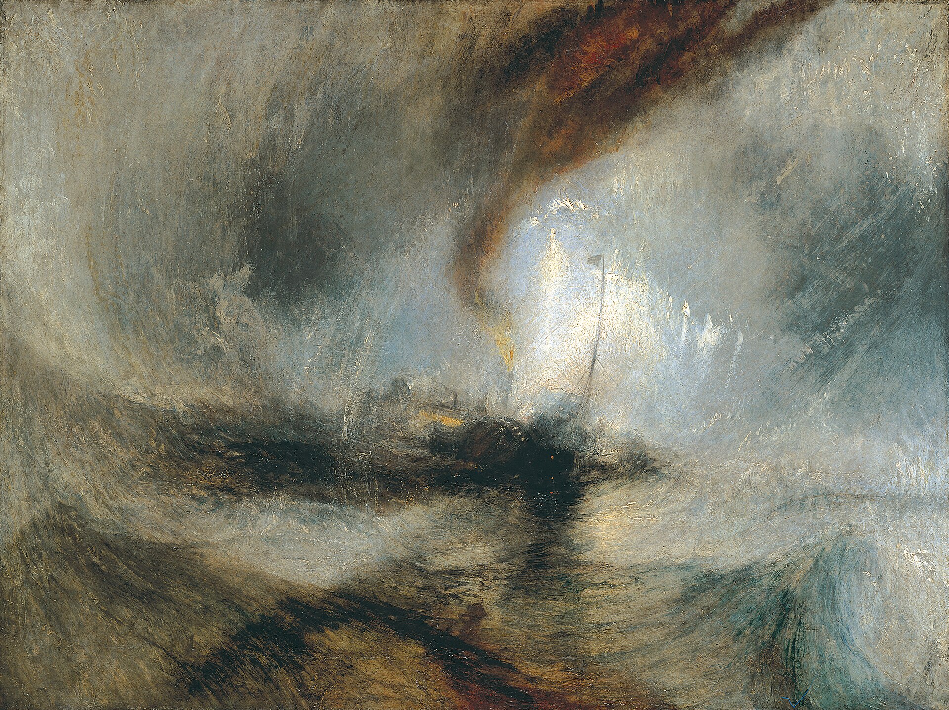 Tormenta de nieve sobre un barco de vapor, óleo de J.M.W. Turner, 1842. Un barco de vapor moderno atrapado en el centro de un vórtice de viento, nieve y mar — la tecnología de su época a merced de fuerzas que no puede controlar.
