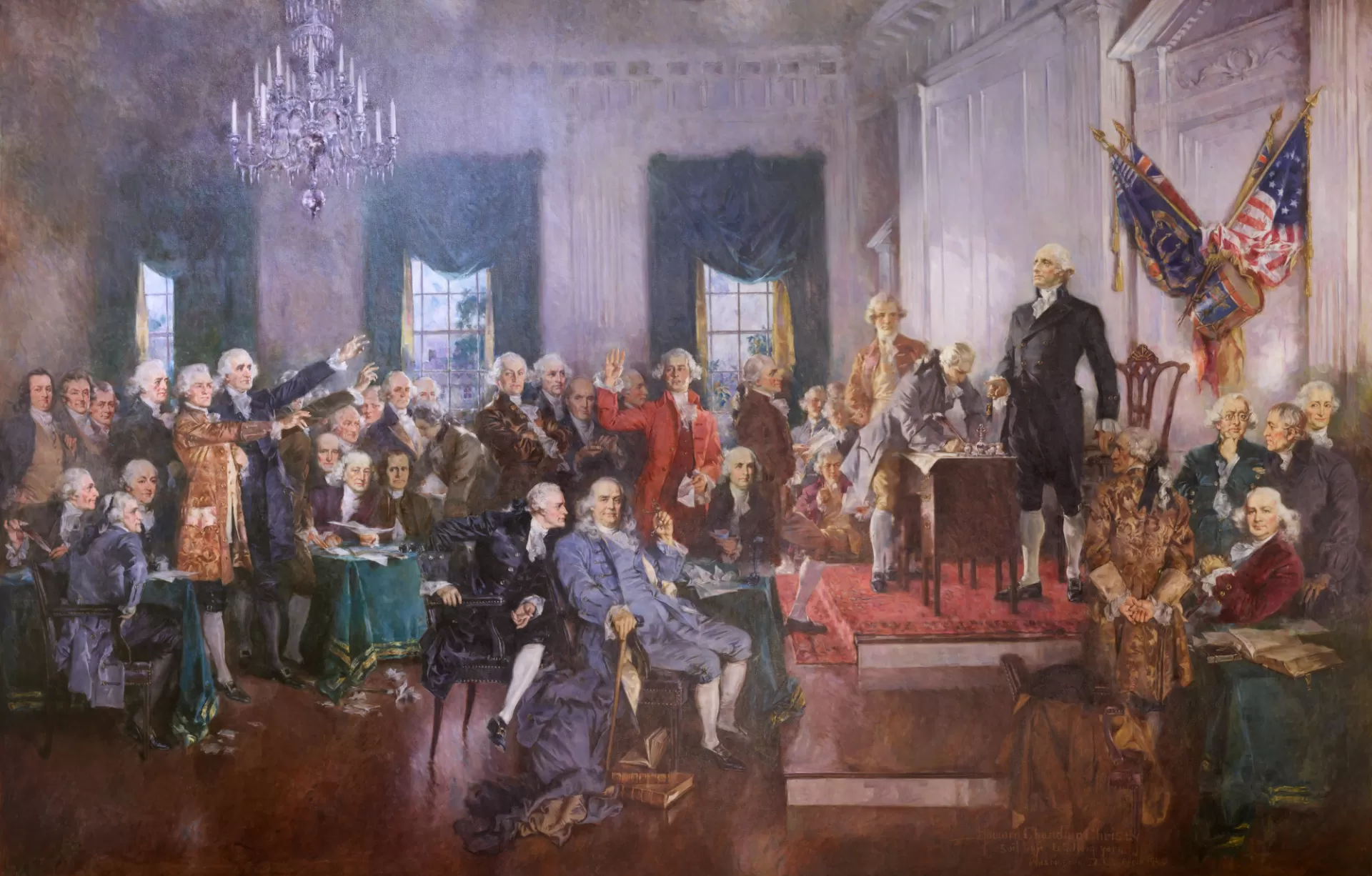 The Signing of the Constitution of the United States, óleo de Howard Chandler Christy, 1940. Los delegados de Filadelfia reunidos en torno al documento fundacional. Hombres que no eligieron un resultado — diseñaron las condiciones para que otros pudieran habitarlo.