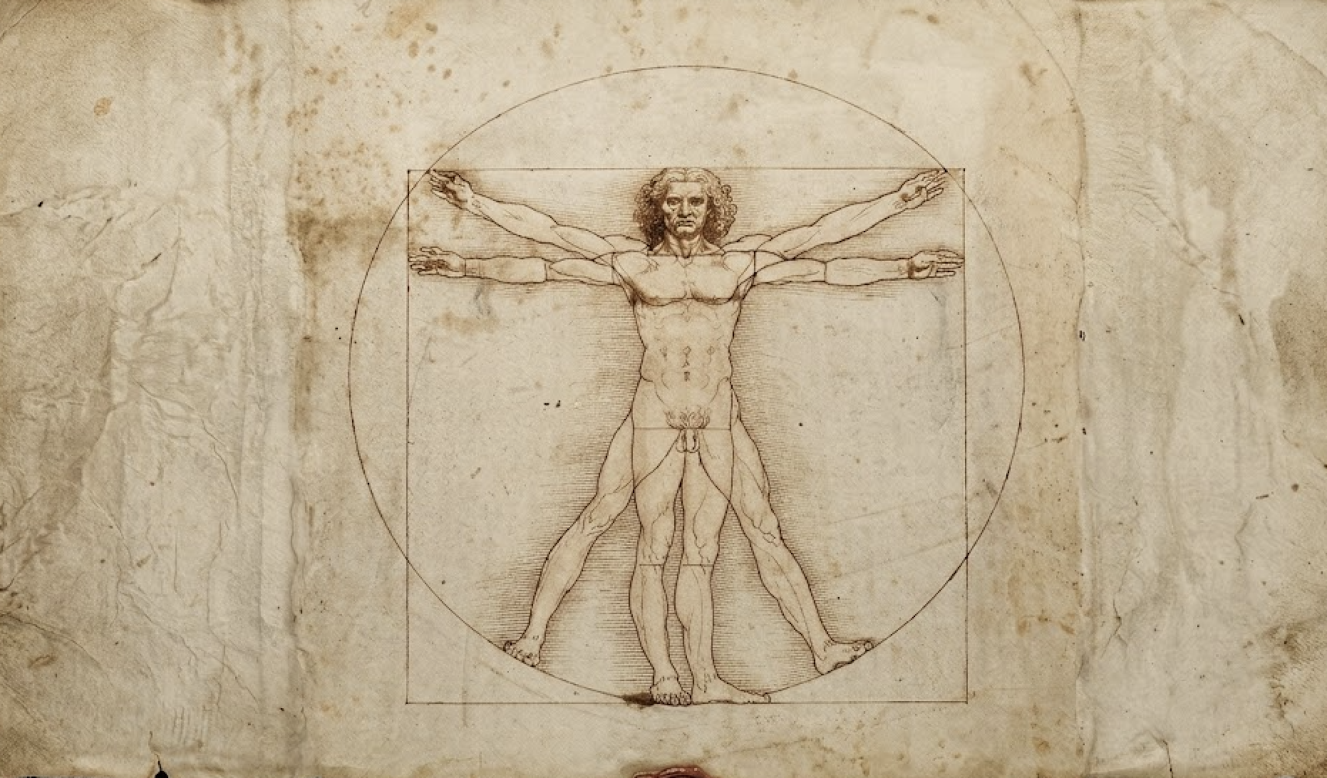 El hombre de Vitruvio, dibujo de Leonardo da Vinci, 1490. Una figura humana inscrita simultáneamente en un círculo y un cuadrado, con los brazos y piernas extendidos en dos posiciones. El cuerpo como sistema de medida. El humano como base de toda arquitectura posible.