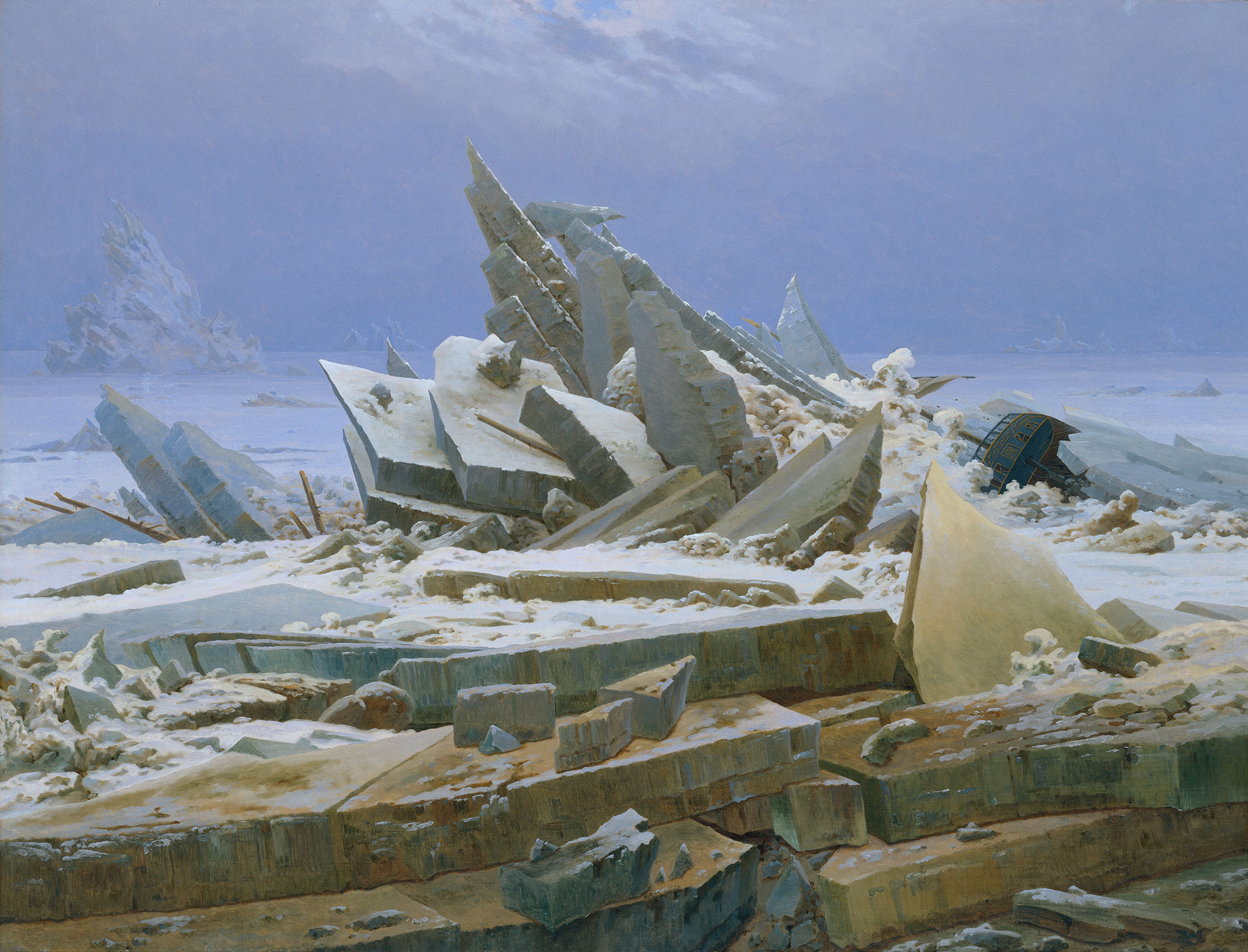 El mar de hielo, óleo de Caspar David Friedrich, 1823-24. Placas de hielo quebradas y amontonadas en estratos; entre ellas, casi invisible, los restos de un barco aplastado por la presión. La ejecución que acumula capas sin conocer el mapa de las escalas.