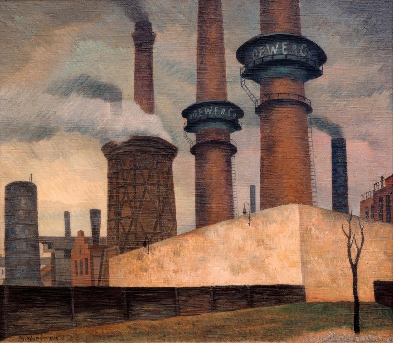 Vista urbana de Berlín pintada por Gustav Wunderwald en los años 20 — bloques de viviendas, fábricas y chimeneas bajo un cielo gris. La ciudad cotidiana del momento de Shirer, registrada sin saber lo que vendría después.