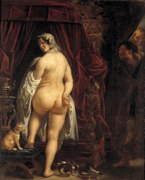Giges y Candaules, óleo de Jacob Jordaens, c. 1646. El rey Candaules esconde a Giges tras una cortina para que observe a la reina sin ser visto. La mirada que no puede devolverse.