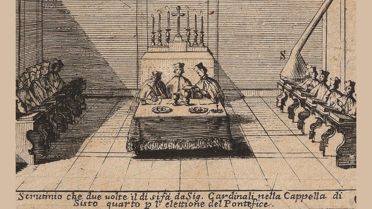 Grabado histórico del escrutinio en la Capilla Sixtina: los cardenales, idénticos en sus bancos, ante la mesa central de votación. Dos veces al día, la misma secuencia, hasta que hay Papa. El proceso ejecutándose — los individuos disueltos en el órgano que decide.