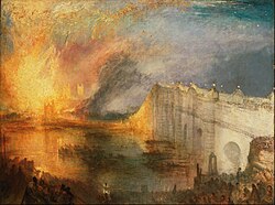El incendio de las Cámaras del Parlamento, óleo de J.M.W. Turner, 1834-35. Turner presenció el fuego que destruyó el Parlamento británico y lo pintó desde la orilla del Támesis. El edificio de las instituciones consumido por una fuerza que lo excede.