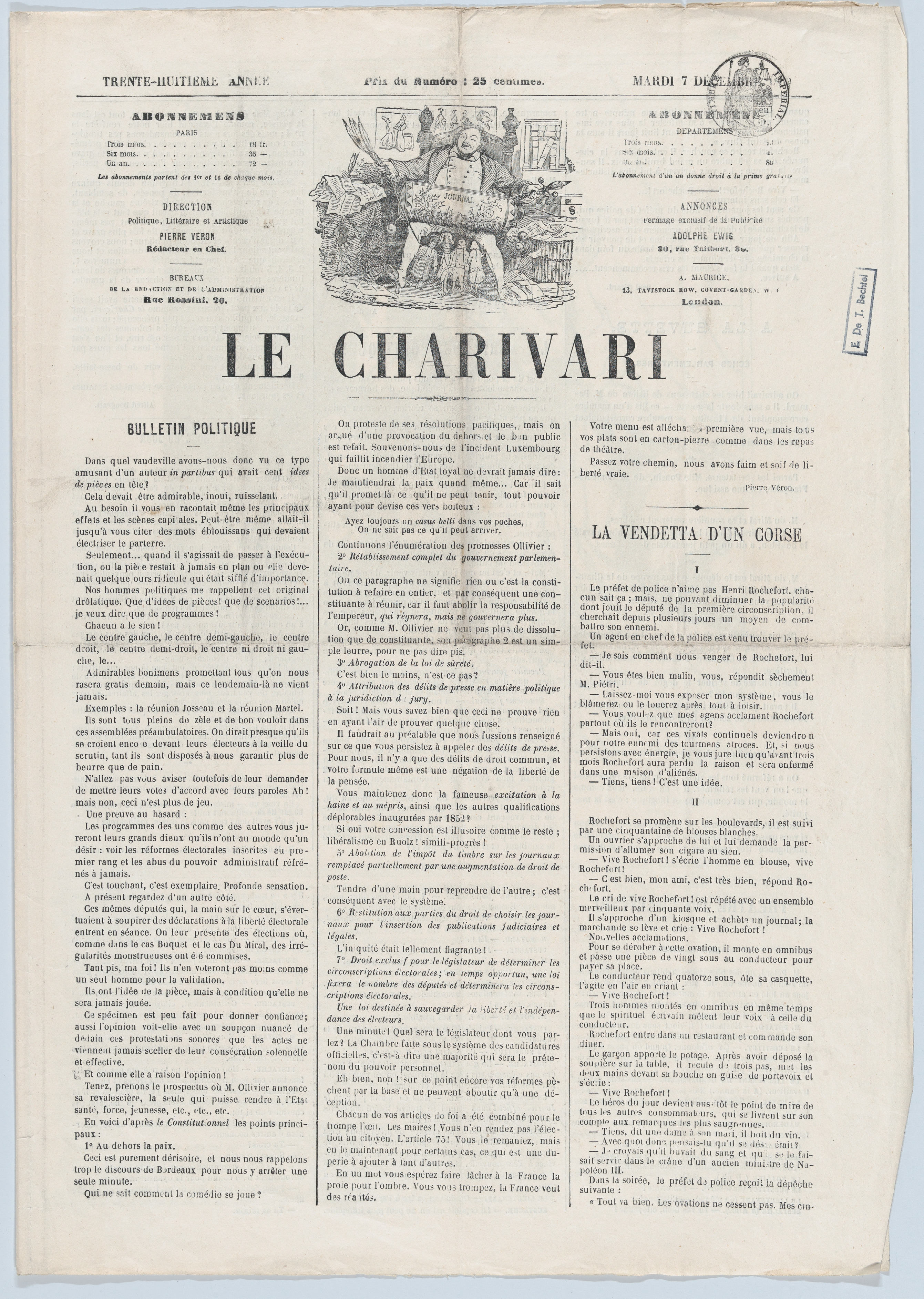 Portada de Le Charivari, el diario satírico parisino donde publicaba Daumier, en su trigésimo octavo año. Tres columnas, un Bulletin Politique y las tarifas de suscripción en la esquina. El artefacto que, mañana a mañana, fabricó el "nosotros" — y el contrato de habitar una forma de mirar, con sus precios en francos.
