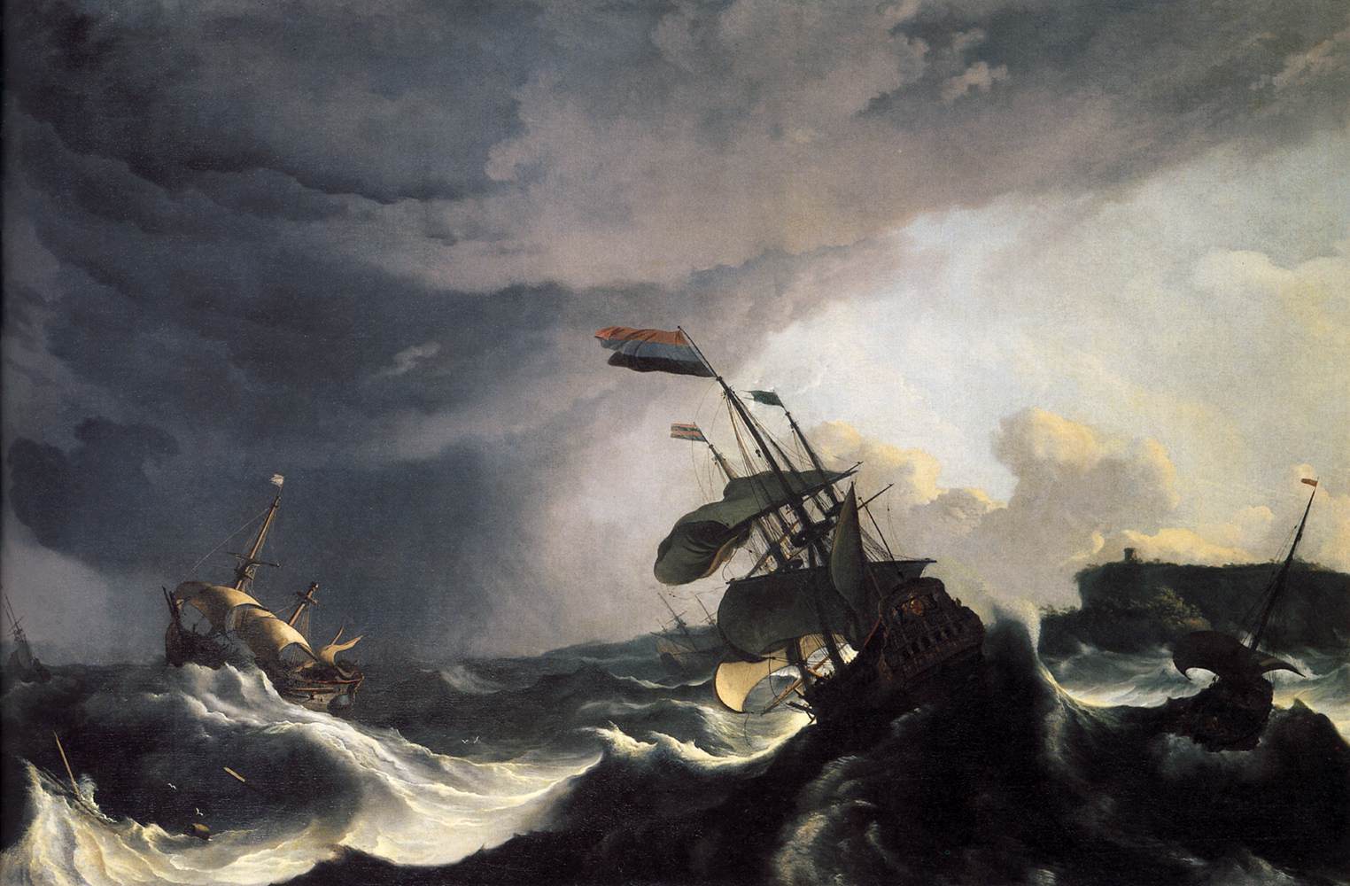 Barcos en apuros en plena tormenta, óleo de Ludolf Bakhuizen, c. 1690. Navíos holandeses de la época de la VOC luchando contra el mar. El terror que inventó la empresa moderna: que el barco no volviera a puerto.