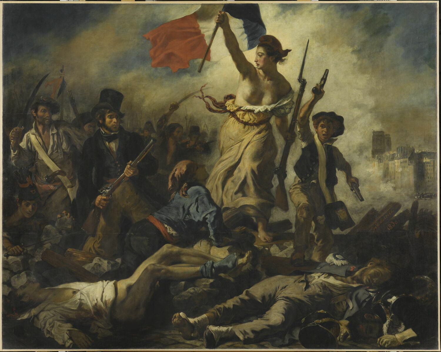 La Liberté guidant le peuple, óleo de Eugène Delacroix, 1830. Una figura alegórica porta la bandera tricolor sobre los cuerpos caídos, liderando el avance de la revolución. La energía del instante capturada en pintura.